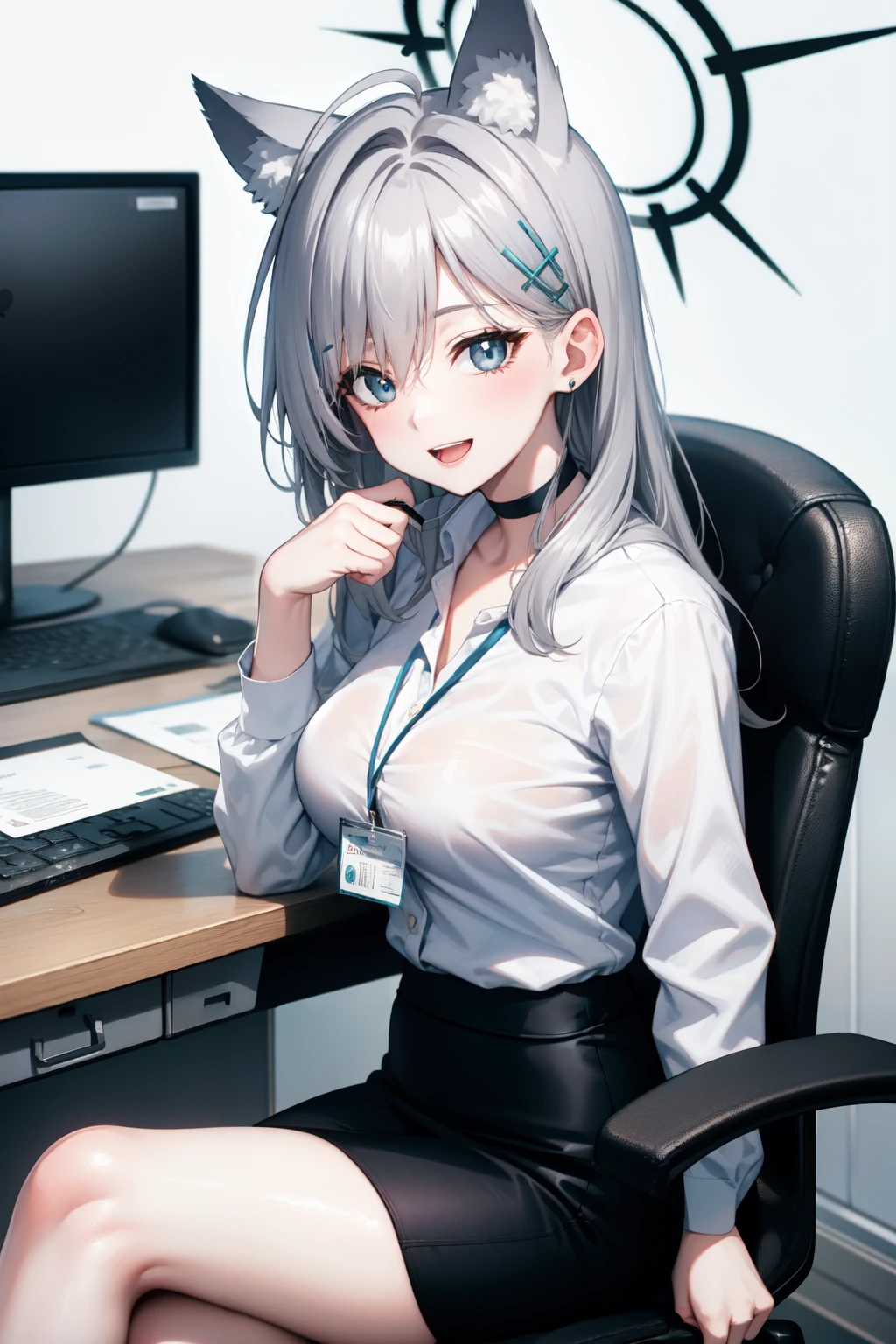 <lora:shiroko_terror_512:1>shiroko(terror), gray hair, blue eyes, halo,animal ears, animal ear fluff, extra ears, choker, hair ornaments,business casual, white shirt , pencil skirt, large breasts, office lady, id card, office chair, sitting , from side, looking at viewer, smile, happy , open mouth,