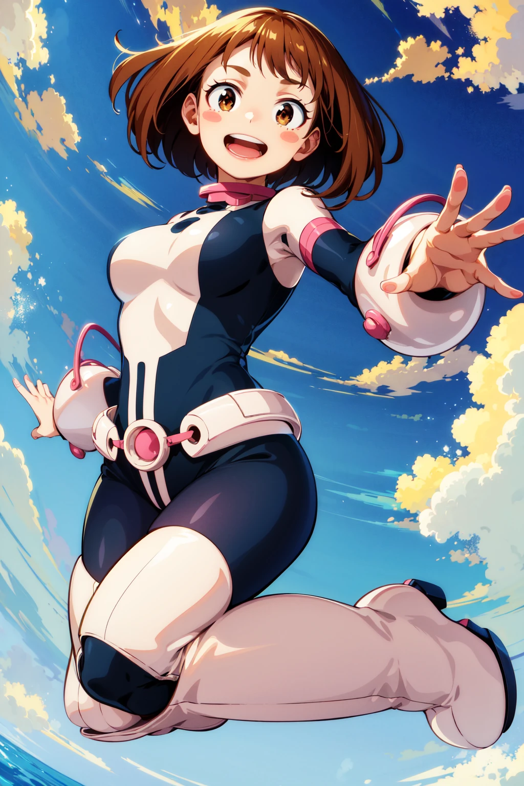 masterpiece, best quality, highres, hmochako, blush stickers, short hair, medium breasts, superhero, bodysuit, boots, <lora:uraraka_ochako_v1:0.8>, jump, bound, magic, smile, open mouth, sky, cloud, magic