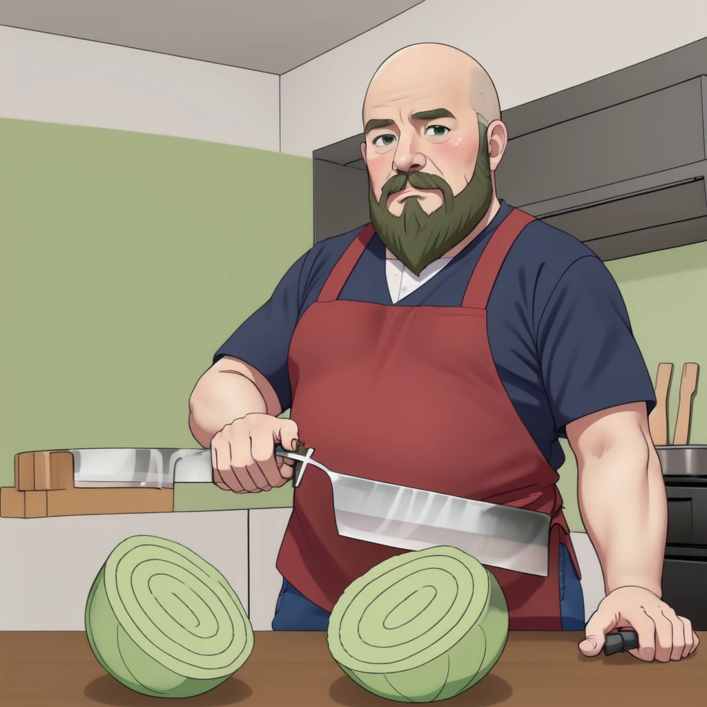 (masterpiece, best quality, high quality,:1.2), mature_male, bald, fat, beard, cutting a green bowl on the table next to him, shirt, short_sleeves, (cabbage:1.1), finish, <lora:cabbage5:0.7>, cowboy shot, (kitchen_knife:1.1),