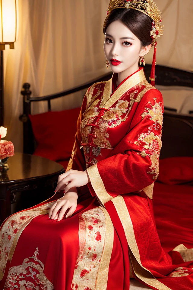 (best quality:1.1) ,(photorealistic:1.1), (photography:1.1), (highly detailed:1.1),
a woman in a red and gold dress with a tiara on her head, hair stick,(sitting on red bed),blush,shy,black_hair, crown,looking down, (2 red candles), chinese_clothes, curtains, earrings, hair_ornament, hanfu, indoors, jewelry, long_sleeves, red dress, red lips, tassel, (Red quilt),(red palace:1.2),<lora:fgxp:0.6>,