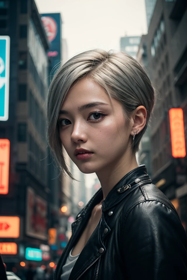 1girl,beautiful face,korean,solo,cinematic lighitng,cowboy shot, short silver prismatic pixie haircut,urban cyberpunk city area background,masterpiece,