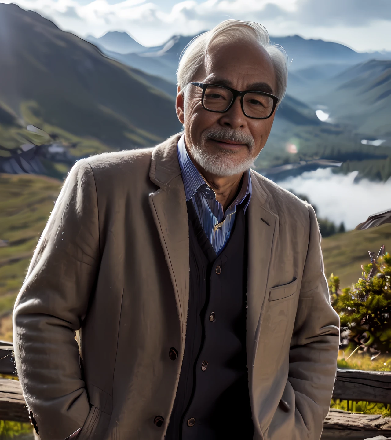 (A medium photo of  gongqijun,oldman),wearing(brown overcoat),standing in the Norwegian mountains, (misty mountains),(masterpiece) (photorealistic:1.2) (bokeh) (best quality) (detailed skin) (intricate) (8k) (HDR) (cinematic lighting) (sharp focus) 
 <lora:gongqijun:0.9>