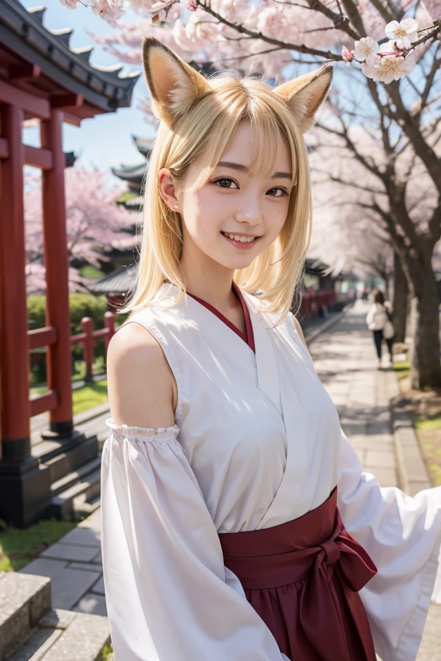 1girl,20yo,japanese,smile, pale yellow hair, medium hair, stairs, cherry blossoms, temple, fox girl, detached sleeves, animal ears,looking at viewer,upper body,