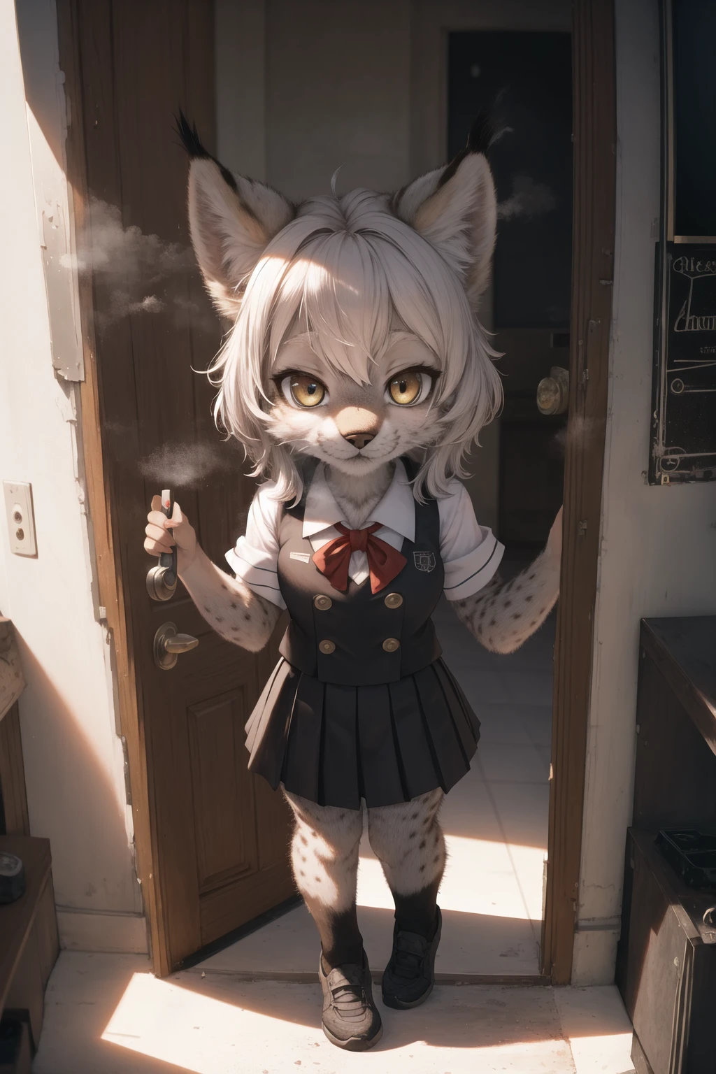 masterpiece, best quality,furry girl,University lecture,door,hdr,cinema angle,chibi
perfect light,dark skin,animal nose,solo,detail fur,epic movie concept,steam
adorable,black school uniform, looking at viewer,sheli,lynx
<hypernet:furry_kemono:0.3>  <lora:Lynx:0.6>