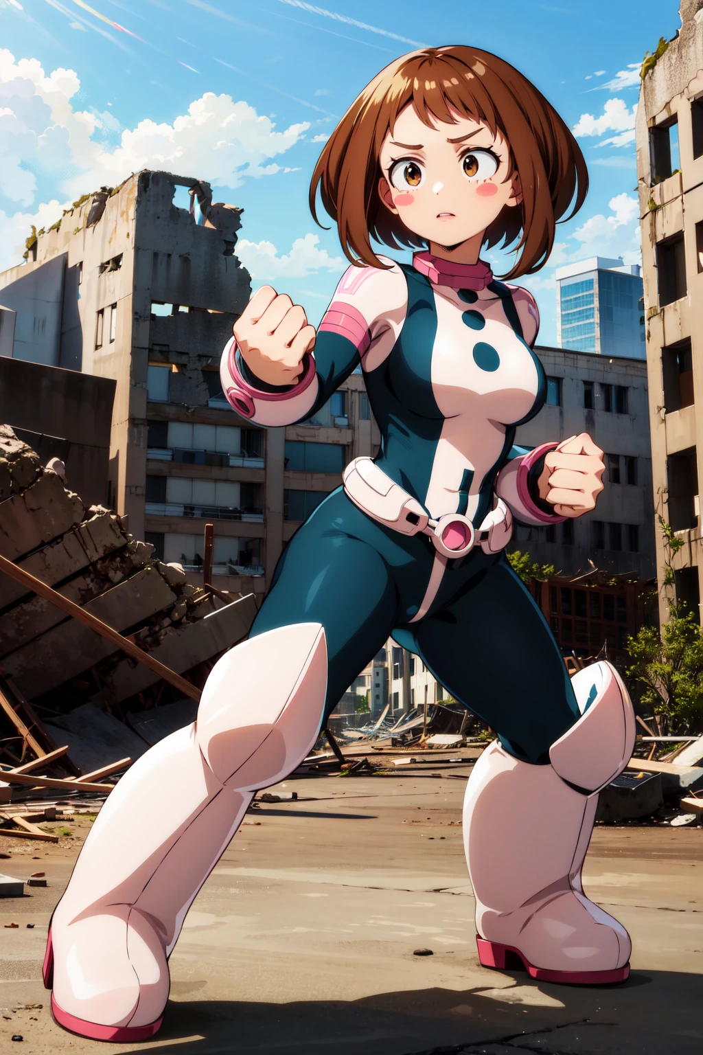, ochako uraraka,brown hair,brown eyes, short hair, 1girl, (torn bodysuit, super hero, gloves), , annoyed expression, city in ruins background, looking up at viewer, kneeling, high angle shot, arms in fron, on all fours, cleavage