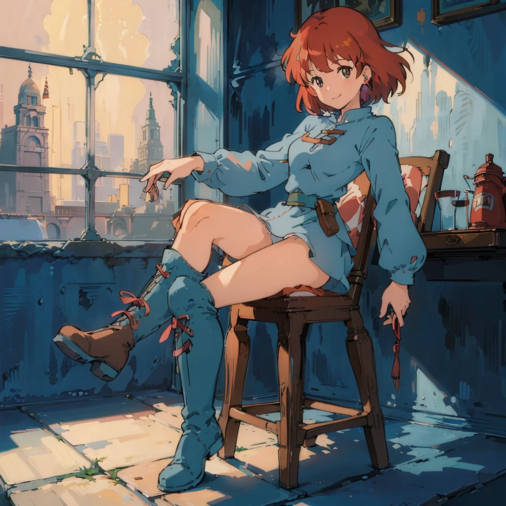 (masterpiece:1.4), (best qualit:1.4), (high resolution:1.4), 1girl, redhead, brown eyes, smile, Nausicaa, sit on a chair, no panties, high boot, colorful, full body,<lora:Nausicaa V0.5:0.8>, ghibli style