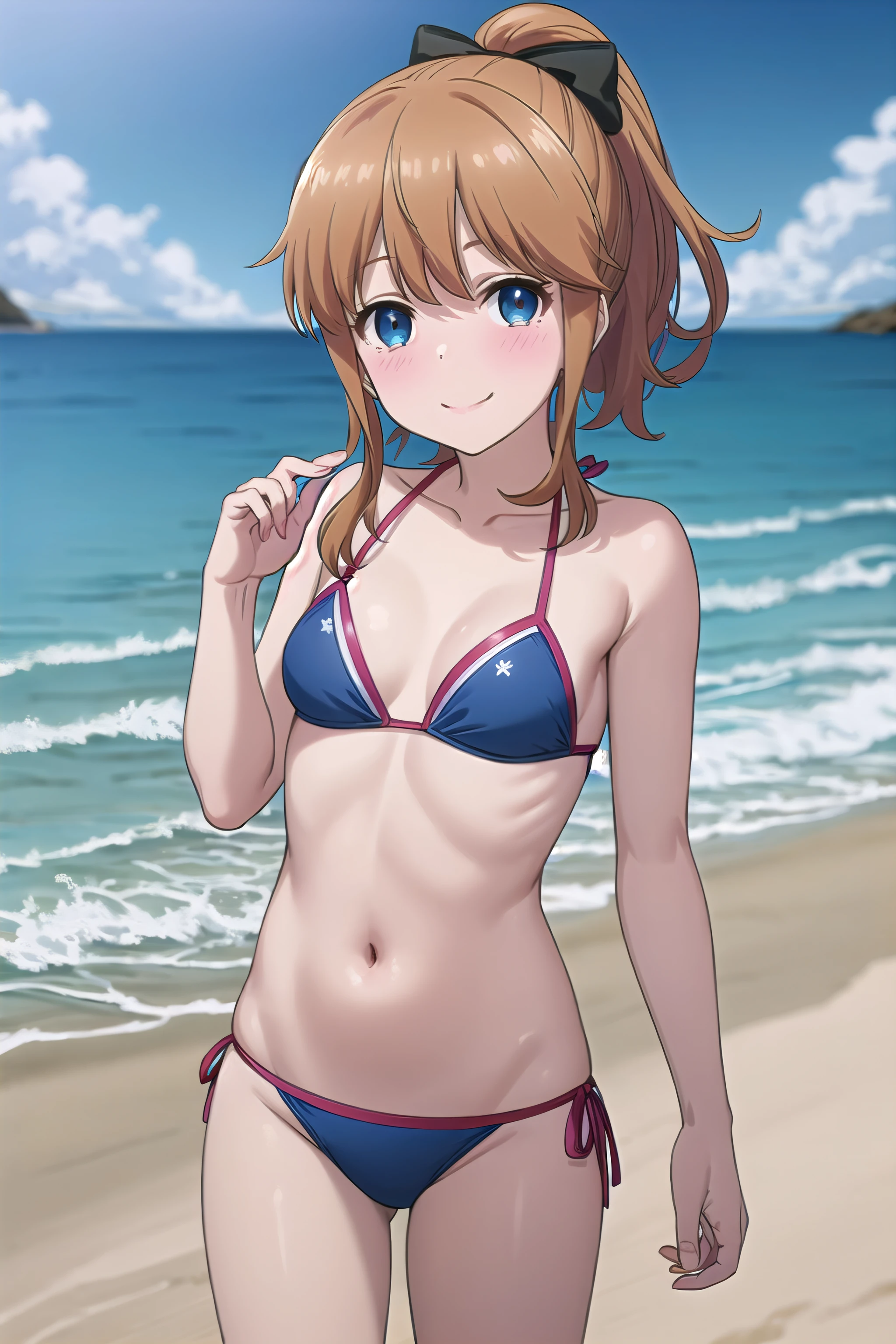 best quality, (masterpiece:1.2), highly detailed, sand, (ocean:1.2), standing,
1girl, solo, <lora:chara_Mamahaha_AkatsukiYume_v1:0.8>, akatsuki minami,
looking at the viewer, closed mouth, blush, smile, small breasts,
blue eyes, brown hair, ponytail, hair bow, blue bikini, side-tie bottom bikini