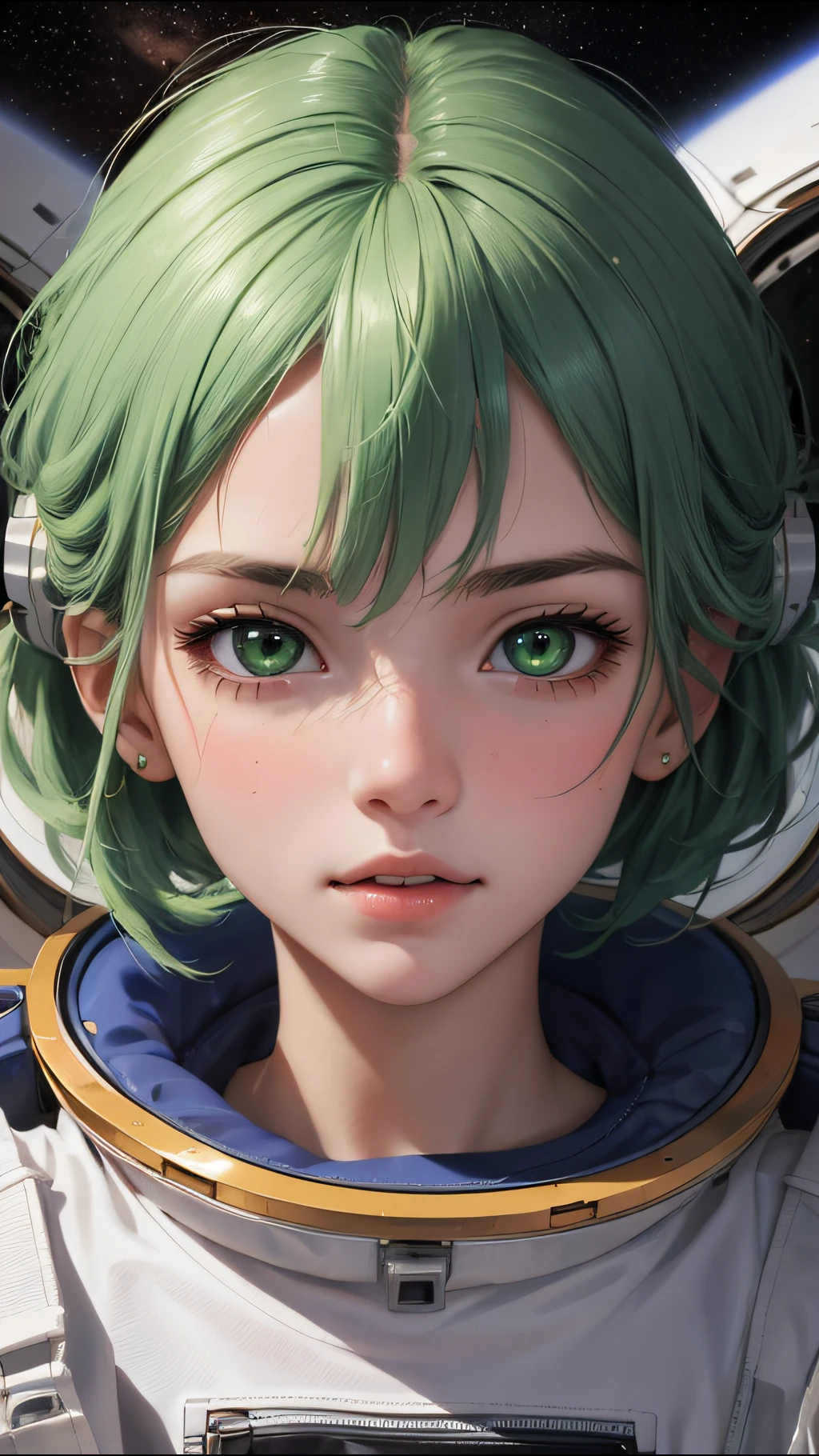 (best quality, masterpiece) perfect face, 18 years old girl, astronauts on space, green hair,