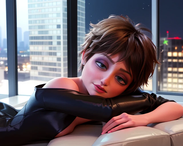 Evelyn,short brown hair, makeup, eyes half open, upper body, looking at viewer, lounging, laying down,
black bath robe ,jewelry, couch,
in tall building, skyscraper, window, stars, nighttime,
(insanely detailed, beautiful detailed face, masterpiece, best quality) <lora:Evelyn:0.8>