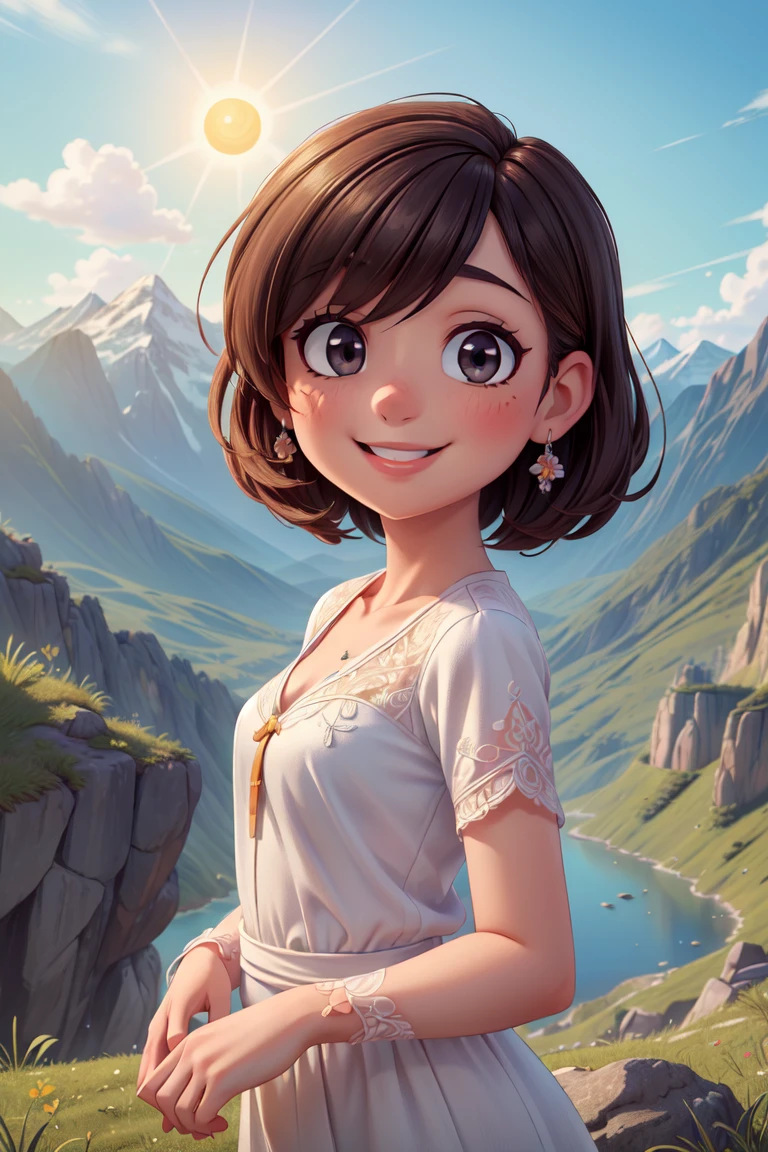 (masterpiece, best quality:1.4), (beautiful, aesthetic, perfect, delicate, intricate:1.2),(absurdres, highres, ultra detailed),best quality, masterpiece,Dark hair, dark eyes, upper body, sun flare, outdoors, mountain, valley, sky. clouds, smiling,, <lora:more_details:0.5>, <lyco:GoodHands-beta2:0.8>,