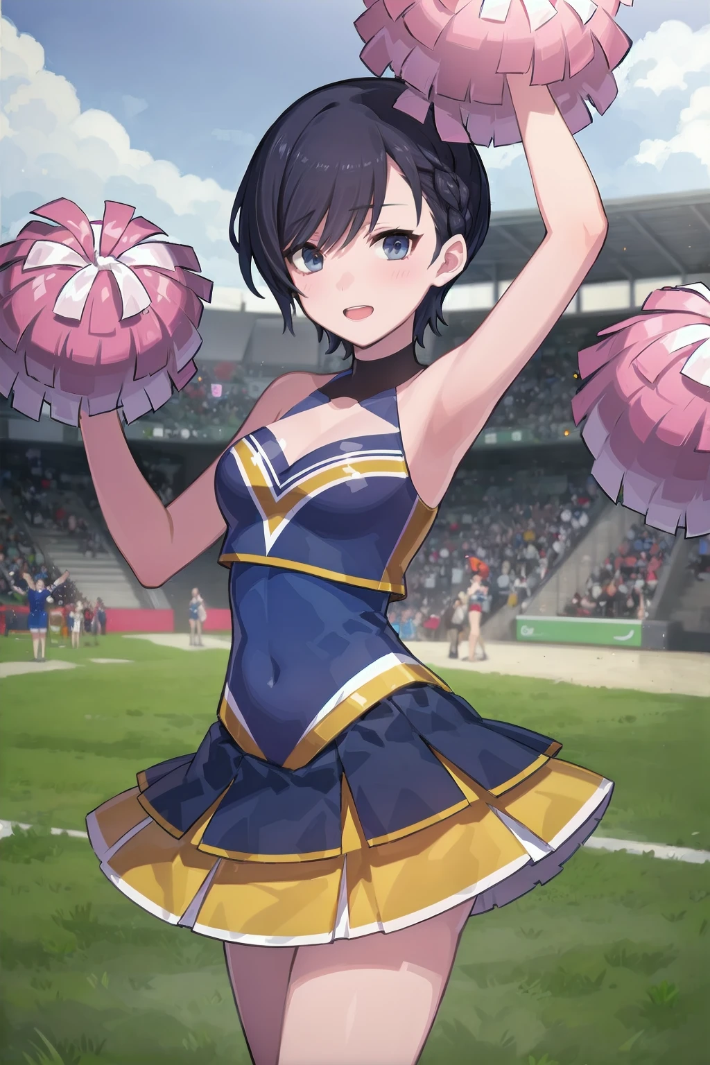outdoor, event space, crowd
standing,
cattleya, cheer costume, pom pom \(cheerleading\) <lyco:gomaotsu-cattleya-t1-000050:0.7>
