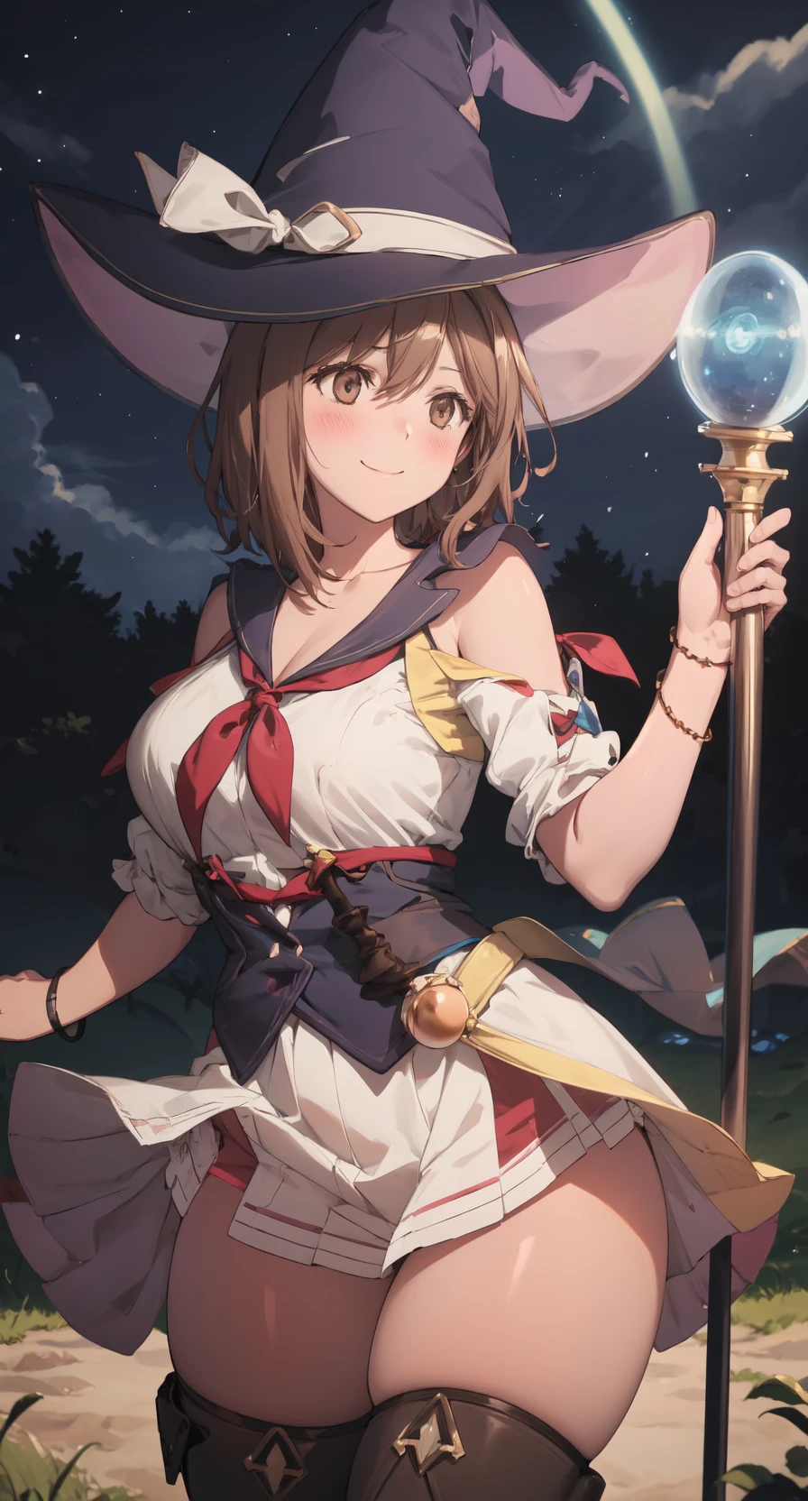 masterpiece, best quality, absurdres, illustration, 8k, detailed shadows, indricate, blush, skindentation, cowboy shot, ulta-realistic, anime eyes, <lyco:lighting_loha:0.3>, iridescence of light
Break RS, 1girl, textured skin, (shiny skin:1.2), curvy, solo, light smile, bracelets, brown hair, reisalin stout, (witch hat:1.2), skirt, blouse, staff,
dark forest, night, magical aura, floating orbs, blue light, magic, starry sky