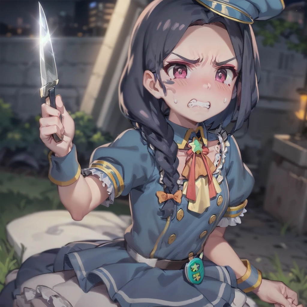 <lora:nerura_akiba_char_v1(bg_outd-sv5_st-bg):1> nerura_olis, 1girl, solo, blue headwear, blue hair, single braid, long hair, hair bow, pink eyes, detached collar, neck ribbon, frilled dress, wrist cuffs, belt, badge, back bow, v-shaped eyebrows, angry, clenched teeth, sweatdrop, holding knife
BREAK
night, outdoors