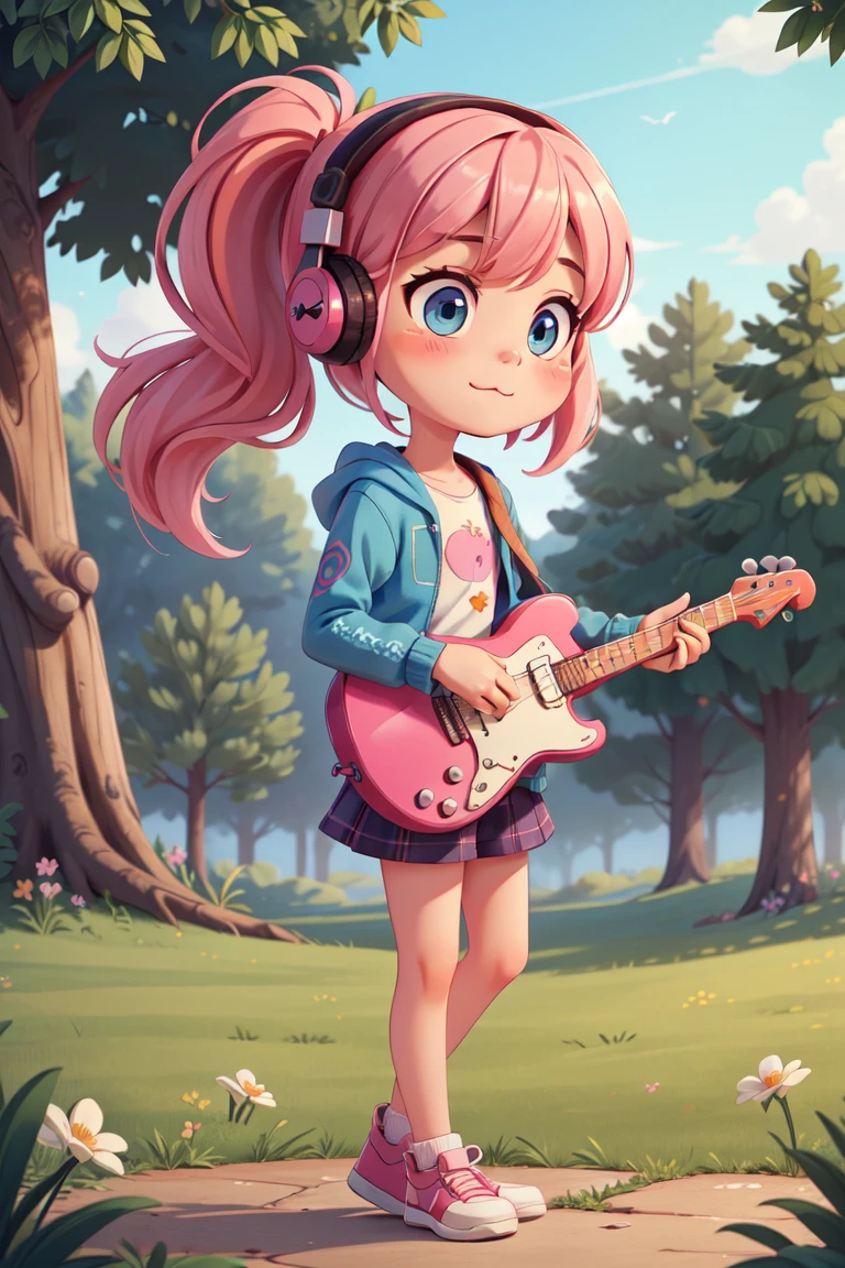(A small chest:1.3),(masterpiece, best quality:1.4), (beautiful, aesthetic, perfect, delicate, intricate:1.2),(full body:1.2), (best beautiful:1.2), (masterpiece:1.2), (best quality:1.2),1 chibi girl very cute with pink hair and blushed, flower, outdoors, playing guitar, music, holding guitar, jacket, :3, shirt, long pinkhair in one side ponytail, pine trees, pink hair, blush stickers, long sleeves, bangs, headphones, flowers (beautiful detailed face), (beautiful detailed eyes), <lora:more_details:0.3>, <lyco:GoodHands-beta2:0.8>,