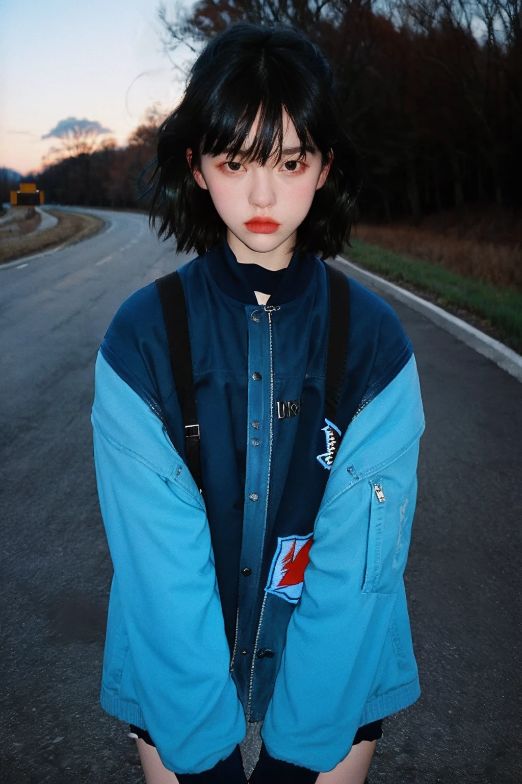 90s flash photo, empty road, beautiful girl in blue sport jacket, serious face, in front of camera, best quality, masterpiece, raw photo, film photo, Renhang, <lora:epiNoiseoffset_v2:1.5>