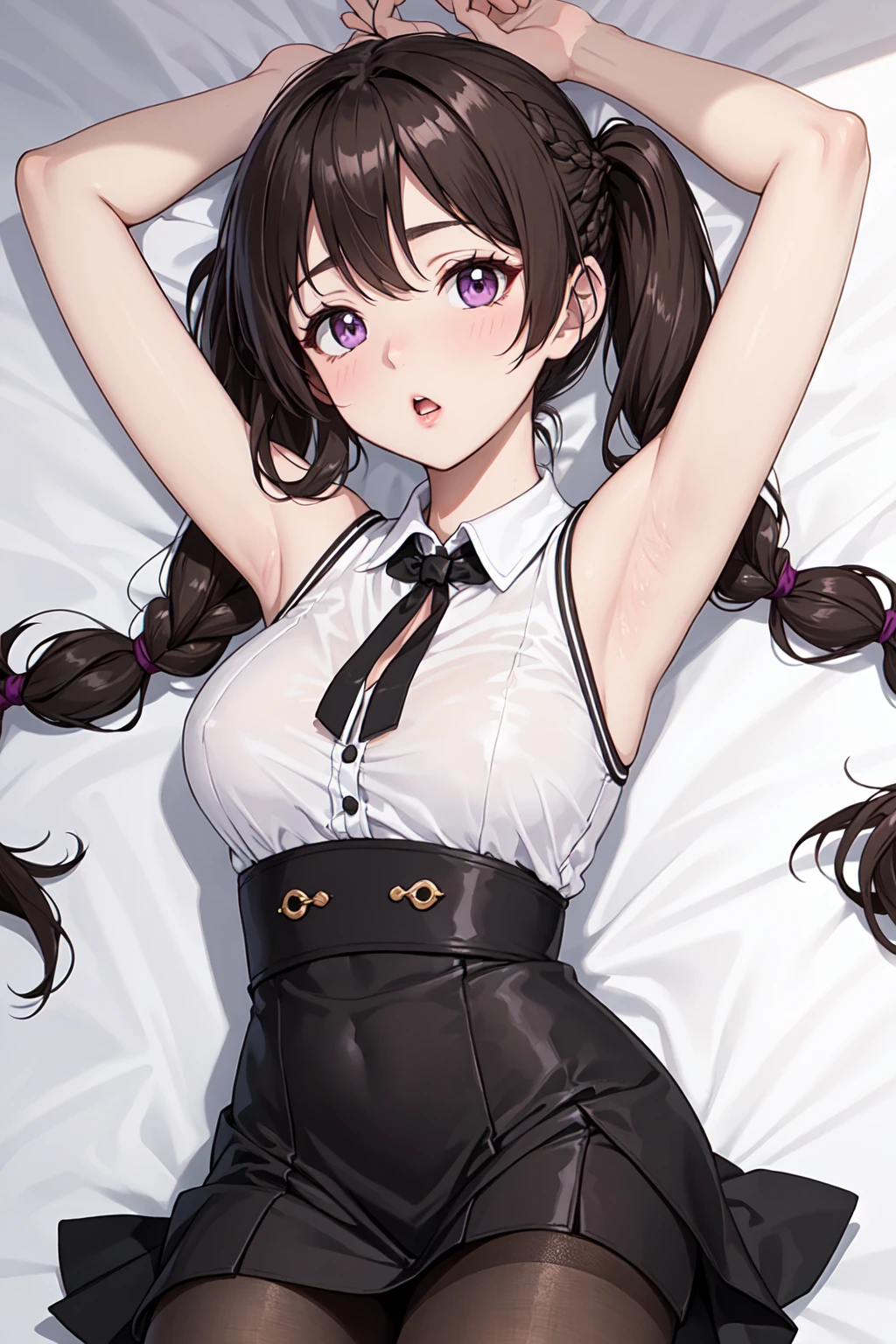 (braid: 1.2), (pantyhose: 1.2), (twin_braids: 1.2), (1girl: 1.2), (on_back: 1.2), (black_dress: 1.2), (dress: 1.2), (solo: 1.2), (yuni_(princess_connect!): 1.2), (lying: 1.2), (blush: 1.1), (purple_eyes: 1.1), (rating:safe: 1.1), (bangs: 1.1), (long_hair: 1.1), eyebrows_visible_through_hair, hair_between_eyes, sleeveless_dress, bed_sheet, bare_shoulders, parted_lips, bare_arms, sleeveless, looking_at_viewer, collarbone, brown_hair, pantyhose_pull, twintails, :o, armpits, arm_up, black_legwear, arms_up, brown_legwear, very_long_hair, open_mouth, breasts, collared_dress, (nsfw:0.8)