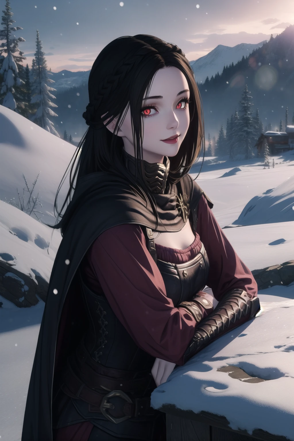 masterpiece, best quality, (colorful), (delicate eyes and face), volumetric light, ray tracing, extremely detailed CG unity 8k wallpaper, <lora:Serana_5_10:0.7> serana, 1girl, red eyes, cape, long sleeves, looking at viewer, seductive smile, winter, mountains, snowing