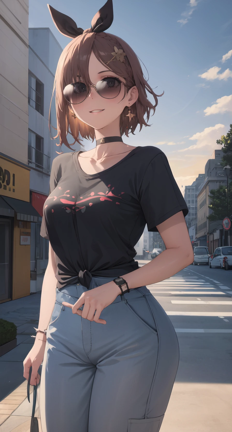 masterpiece, best quality, absurdres, illustration, 8k, detailed shadows, indricate, blush, skindentation, cowboy shot, ulta-realistic, anime eyes, <lyco:lighting_loha:0.3>, cute, makeup, eyelashes, eyeshadow, eyeliner
Break RS, 1girl, textured skin, (shiny skin:1.2), curvy, solo, High-Waisted Wide-Leg Pants, shops, plants, trees, pedestrian zone, light smile, printed shirt, choker, earring, hair ribbon, (sunglasses:1.2), collarbone, short sleeves, wristwatch, small breasts, (black shirt:1.2), braid, parted lips, spikes, looking at viewer, shrugging, shaking head, tied up shirt, (midriff:0.7),
outdoors, sky, setting sun, cityscape, cloudy sky