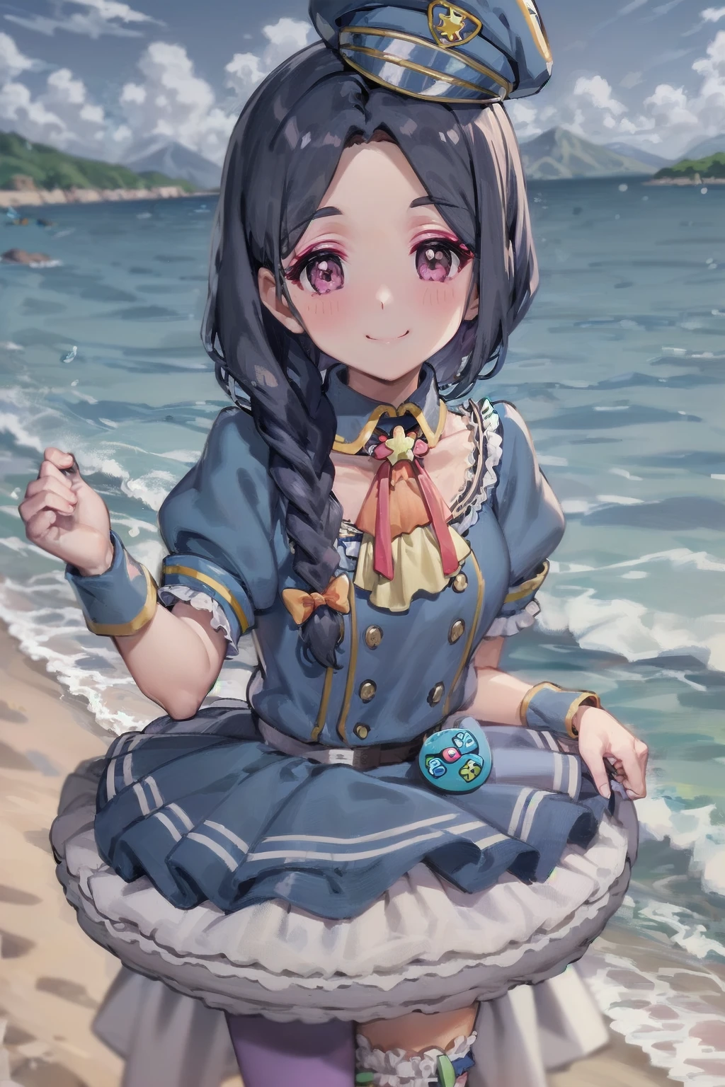 <lora:nerura_akiba_char_v1(bg_outd-sv5_st-bg):1> nerura_olis, 1girl, solo, blue headwear, blue hair, single braid, long hair, hair bow, pink eyes, detached collar, neck ribbon, frilled dress, wrist cuffs, belt, badge, back bow, asymmetrical legwear, looking at viewer, blush, smile, closed mouth, standing
BREAK
beach, sand, tree, shore, ocean, water, mountain