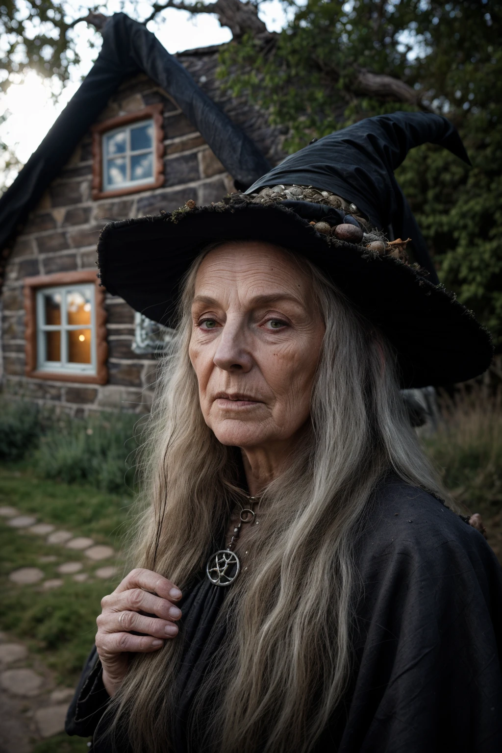 an old, (witch:1.3), crone, wrinkled face, hair blowing in wind, face focus, outside her, (witch cottage:1.4), under trees, looking at viewer, realistic, masterpiece, highest quality, backlighting, lens flare, by Jeremy Lipking, by Antonio J. Manzanedo