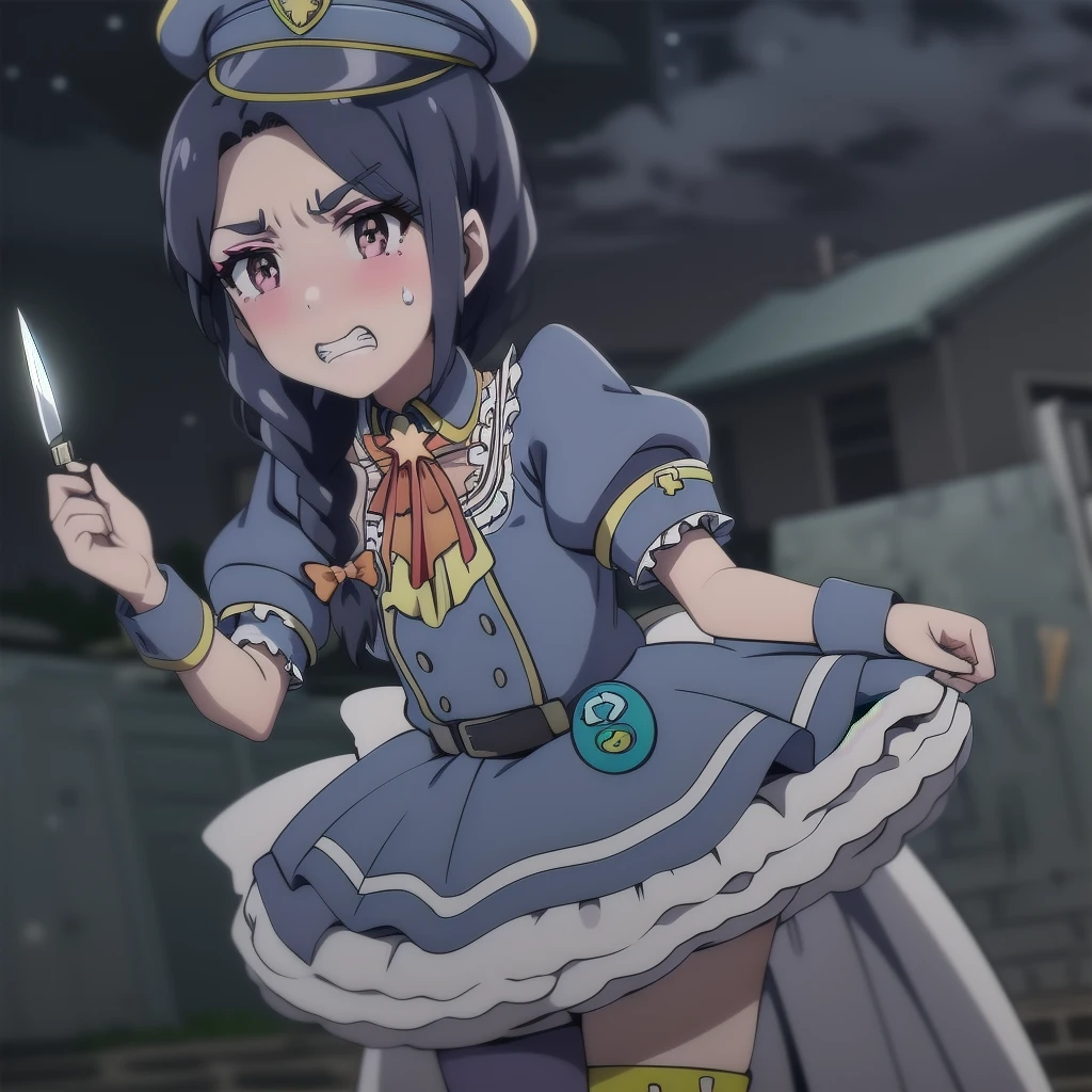 <lora:nerura_akiba_char_v1(bg_outd-sv5_st-bg):1> <lora:nerura_akiba_style_v1:1> nerura_olis, 1girl, solo, blue headwear, blue hair, single braid, long hair, hair bow, pink eyes, detached collar, neck ribbon, frilled dress, wrist cuffs, belt, badge, back bow, asymmetrical legwear, angry, v-shaped eyebrows, sweatdrop, holding knife, clenched teeth
BREAK
dark, night, outdoors