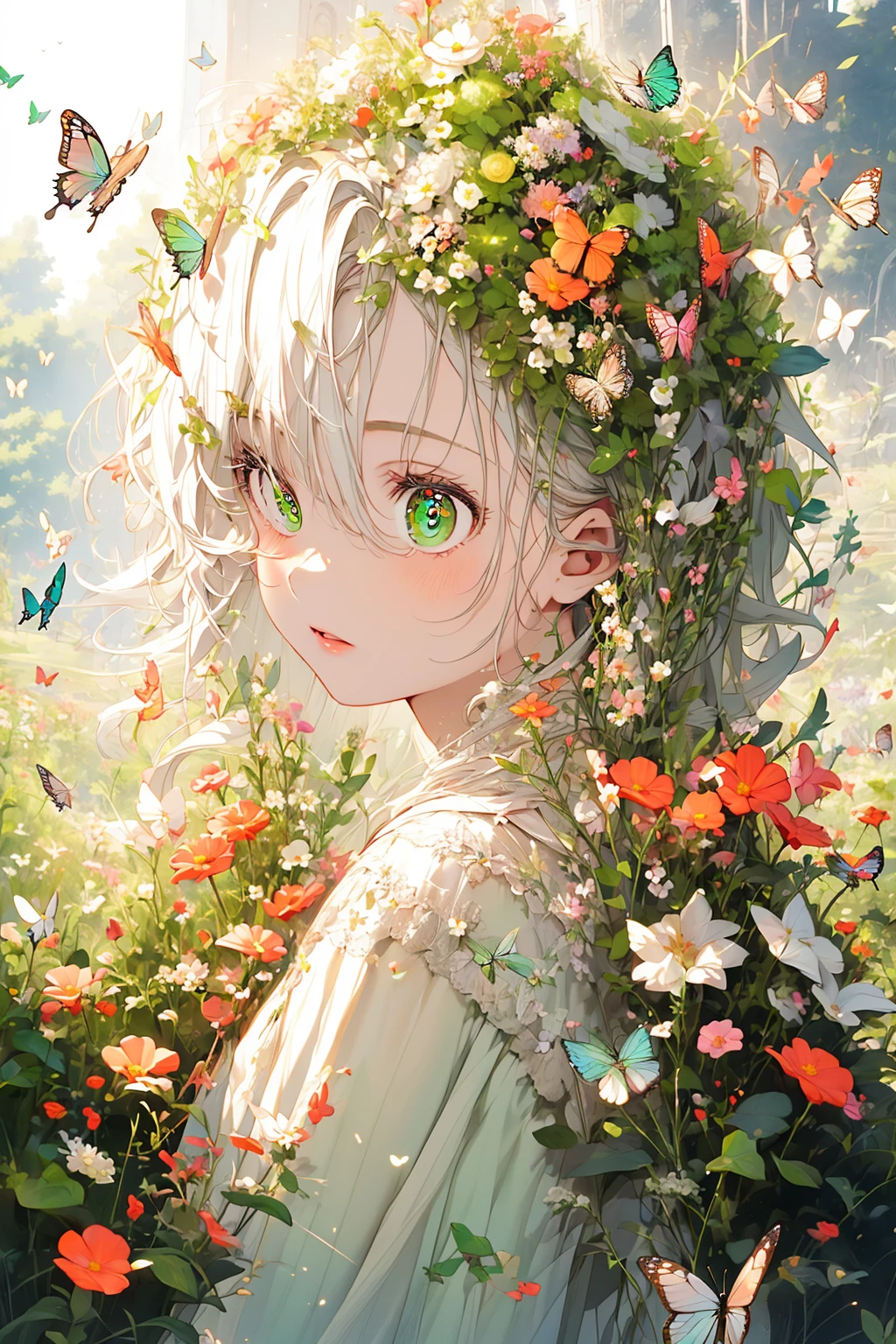 masterpiece, best quality, <lora:butterfly:1>, flowers, garden, 1girl, butterfly style, butterflies, ultra detailed, white hair, green eyes