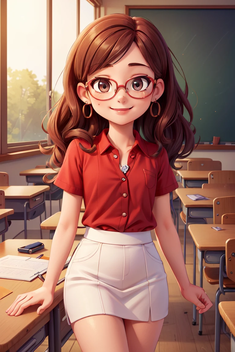 (A small chest:1.3),(masterpiece, best quality:1.4), (beautiful, aesthetic, perfect, delicate, intricate:1.2),((best quality)), ((masterpiece)), (detailed),(high-resolution:1.2), classroom, one adult woman, smiling Claudia chiffre, red shirt, white skirt, glasses, bend over, pov, <lora:more_details:0.5>, <lyco:GoodHands-beta2:0.8>,