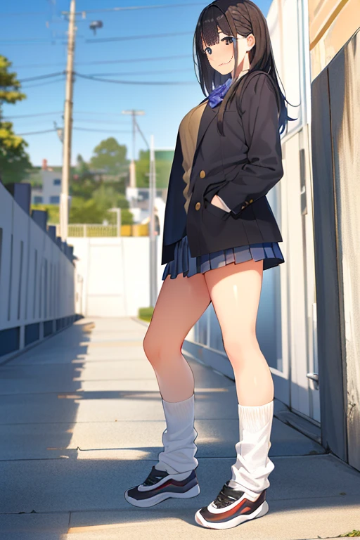 masterpiece,8k wallpaper, best quality, extremely detailed photo,extremely detailed skin, extremely detailed face, extremely detailed socks,1girl,solo,mature woman,school uniform,outside,<lora:baggysocksplainb2e1:1.4>,fullbody, sneakers,from side,hand in pocket,big smile