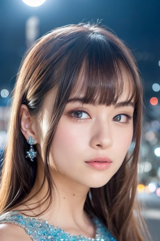 1girl wearing a blue glittery dress,(in Shibuya city center:1.5)(RAW photo, best quality), (realistic, photo-realistic:1.4), masterpiece, an extremely delicate and beautiful, extremely detailed, 2k wallpaper, Amazing, finely detail, extremely detailed CG unity 8k wallpaper, ultra-detailed, highres, soft light, beautiful detailed girl, extremely detailed eyes and face, beautiful detailed nose, beautiful detailed eyes,perfect anatomy,soft light,slender body,(city lights at night:1.7),smiling,(close up:1.1)