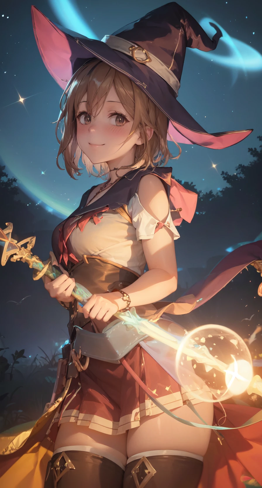 masterpiece, best quality, absurdres, illustration, 8k, detailed shadows, indricate, blush, skindentation, cowboy shot, ulta-realistic, anime eyes, <lyco:lighting_loha:0.3>, iridescence of light
Break RS, 1girl, textured skin, (shiny skin:1.2), curvy, solo, light smile, bracelets, brown hair, reisalin stout, (witch hat:1.2), skirt, blouse, staff,
dark forest, night, magical aura, floating orbs, blue light, magic, starry sky
