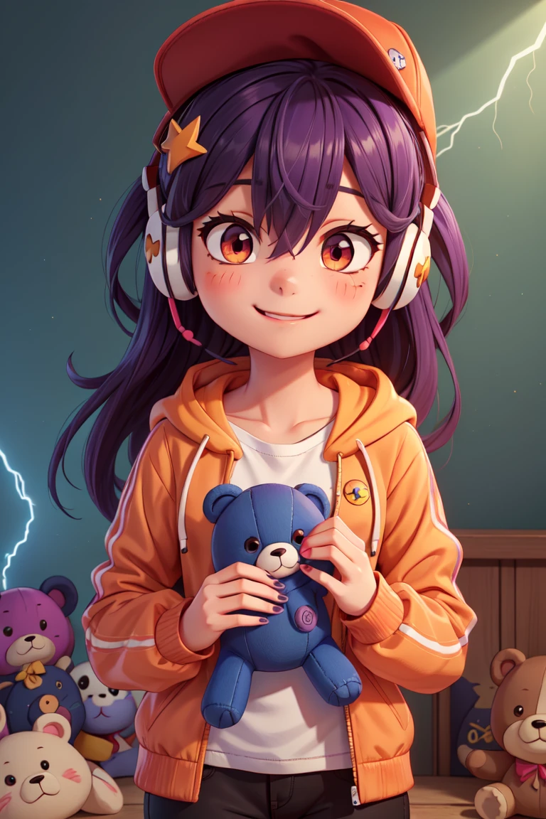 (A small chest:1.3),(masterpiece, best quality:1.4), (beautiful, aesthetic, perfect, delicate, intricate:1.2),1girl, teddy bear, baseball cap, hat, solo, stuffed animal, stuffed toy, smile, long hair, hood down, jacket, hood, headphones, closed mouth, purple hair, long sleeves, fingernails, nail polish, sleeves past wrists, looking at viewer, multicolored eyes, bangs, hooded jacket, yellow nails, red jacket, multicolored nails, hair ornament, object hug, blush, red nails, white headwear, upper body, purple eyes, claw pose, heart, black headwear, hand up, bow, hoodie, hairclip, nail art, button badge, very long hair, hair between eyes, orange nails, puffy long sleeves, puffy sleeves, black bow, badge, holding, drawstring, red eyes, pink nails, star (symbol), multicolored hair, blue nails, holding stuffed toy, lightning bolt symbol, colorful, looking to the side <lora:more_details:0.3>, <lyco:GoodHands-beta2:0.8>,