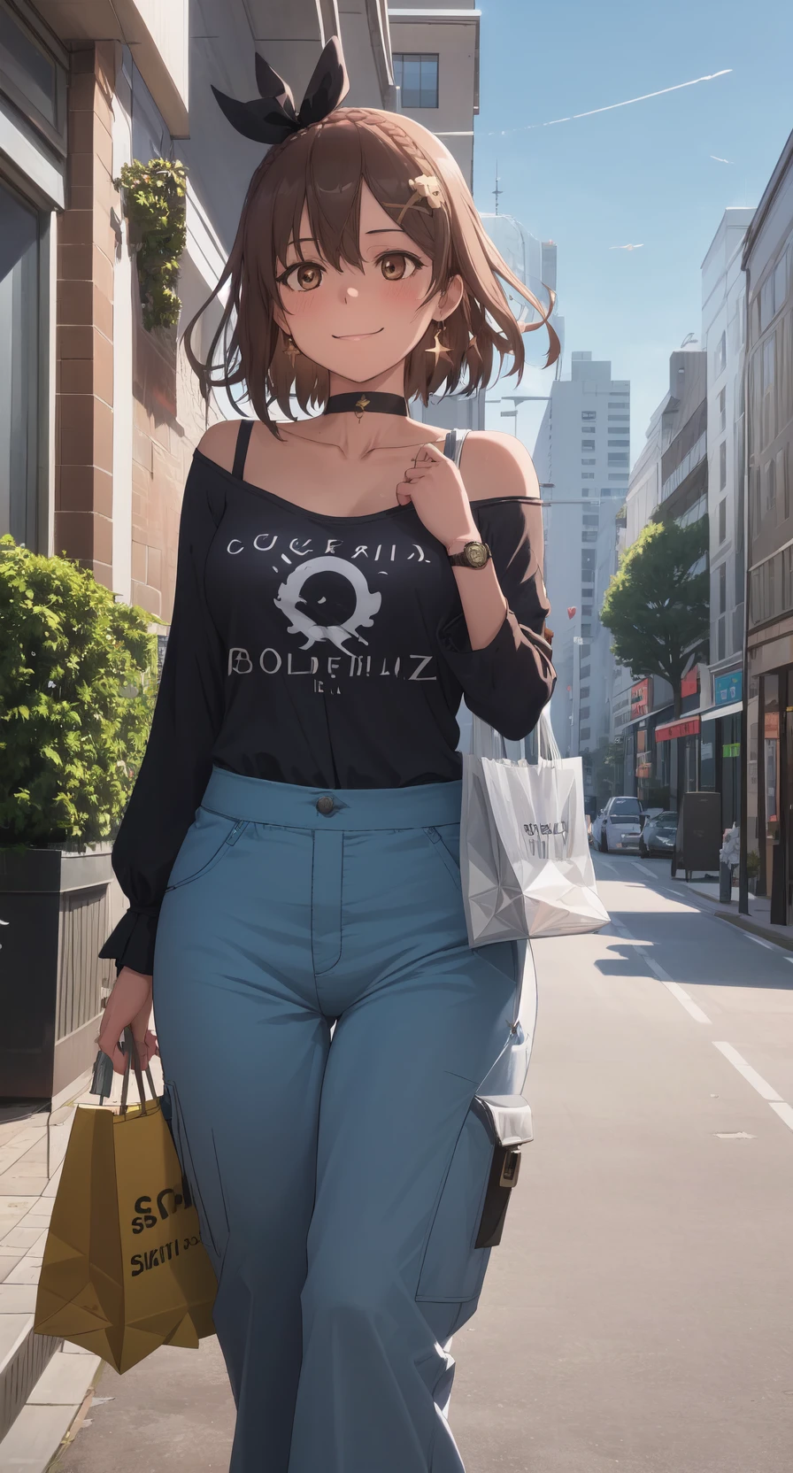masterpiece, best quality, absurdres, illustration, 8k, detailed shadows, indricate, blush, skindentation, cowboy shot, ulta-realistic, anime eyes, <lyco:lighting_loha:0.3>
Break RS, 1girl, textured skin, (shiny skin:1.2), curvy, solo, High-Waisted Wide-Leg Pants, carrying shopping bags blue sky, shops, cafe, plants, trees, pedestrian zone, light smile,printed shirt, choker, earring, hair ribbon, sunglasses, brown eyes, collarbone, medium sleeves, wristwatch, small breasts, black shirt, braid
long sleeves, outdoors, sky, setting sun, cityscape