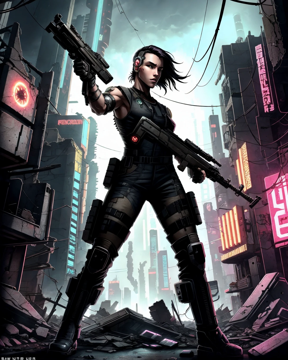 ((cyberpunk)), ((raw photo)), soldier woman wearing post-apocalyptic overall holding a machinegun in a destroyed town after a ((nuclear blast)), dynamic pose, dynamic camera