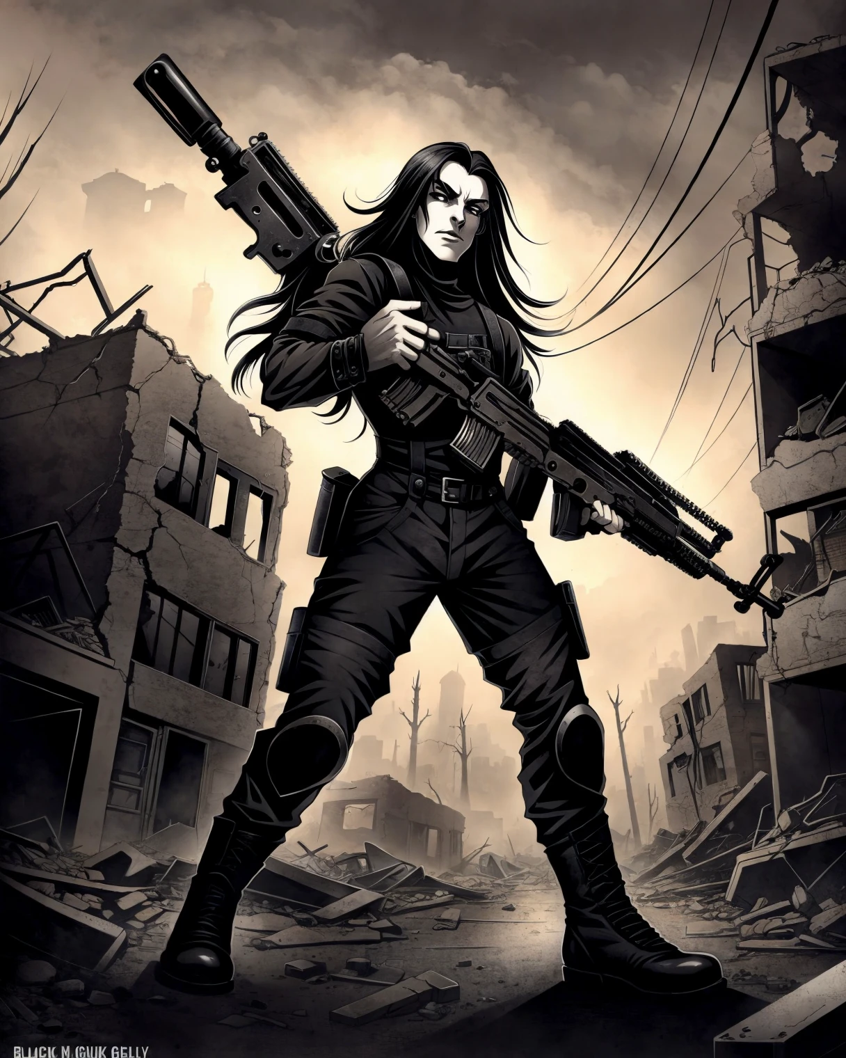 ((black metal guy)), soldier woman wearing post-apocalyptic overall holding a machinegun in a destroyed town after a ((nuclear blast)), dynamic pose, dynamic camera