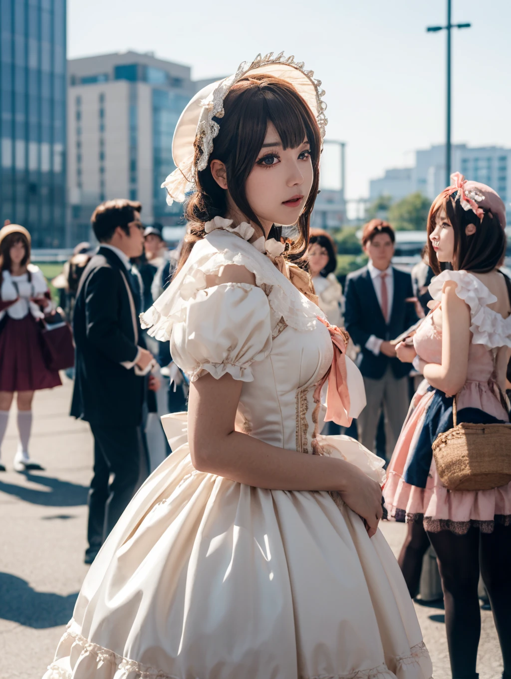 cosplay,pov,natural lighting,1girl,solo,
lolita_dress,standing,bonnet,
<lora:cuteGirlMix4_v10:0.1>,crowd,cosplay,<lora:Comicon:0.6>,
blur,blurry,blurry background,nsfw,