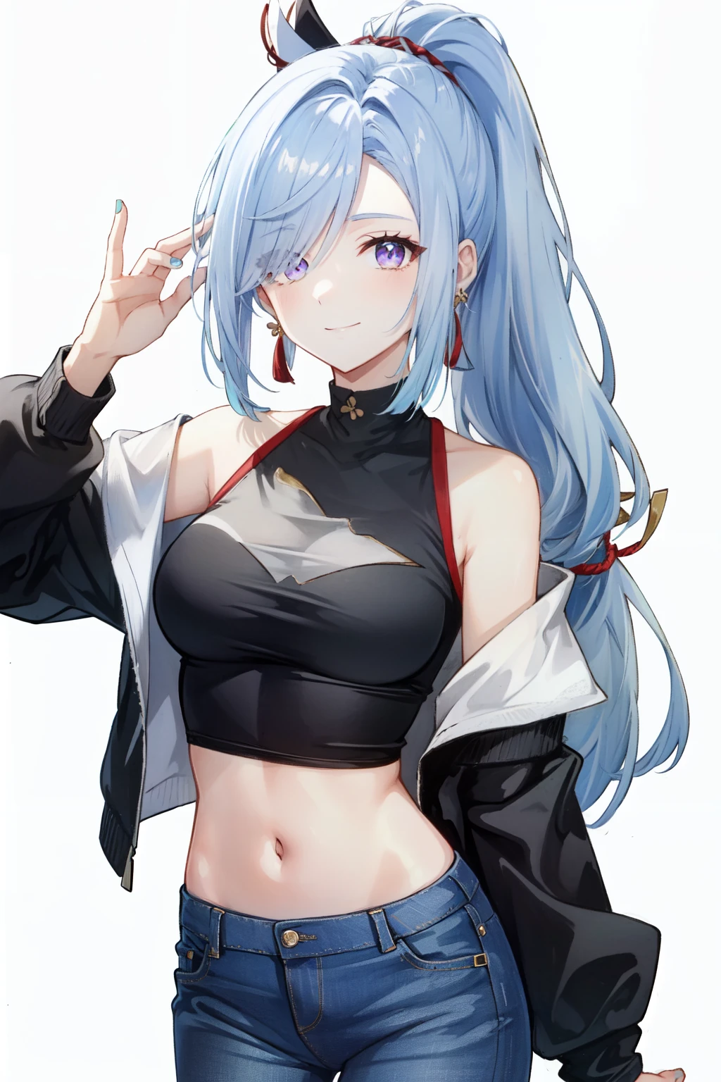 <lora:shenhe:1>shenhe(genshin impact), eyes visible through hair, red shirt, off shoulder, 1girl, hair over one eye, black pants, casual, jacket, nail polish, blue eyes, jewelry, clothing cutout, ponytail, solo, purple eyes, white hair, contemporary, simple background, midriff, long hair, denim, earrings, smile, looking at viewer, jeans, shirt, pants, long sleeves, crop top