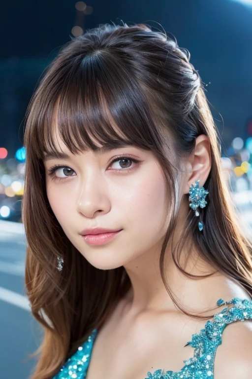 1girl wearing a blue glittery dress,(in Shibuya city center:1.5)(RAW photo, best quality), (realistic, photo-realistic:1.4), masterpiece, an extremely delicate and beautiful, extremely detailed, 2k wallpaper, Amazing, finely detail, extremely detailed CG unity 8k wallpaper, ultra-detailed, highres, soft light, beautiful detailed girl, extremely detailed eyes and face, beautiful detailed nose, beautiful detailed eyes,perfect anatomy,soft light,slender body,(city lights at night:1.7),smiling,(close up:1.1)