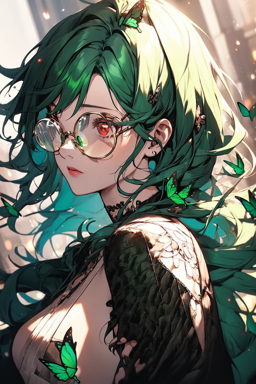masterpiece, best quality, <lora:butterfly:1>, 1girl, butterfly style, ultra detailed, circle glasses, dark green hair, color streaks, black hair, red eyes,