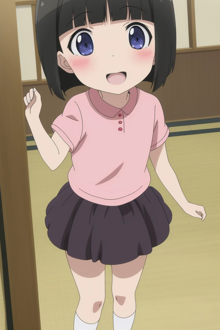 Woman with short hair leaning forward with happy face with full body view
