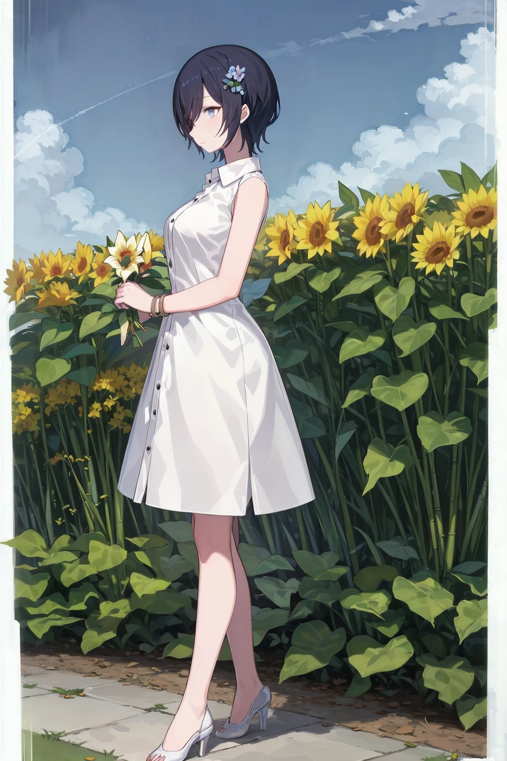 masterpiece, high detail, flower garden, sun flowers, sky, sunbeam,
standing, holding flower, full body shot, landscape, on side,
solo, cattleya, white dress, dress shirt, ribbon, sleeveless, bracelet,
<lyco:gomaotsu-cattleya-t1-000050:0.8>