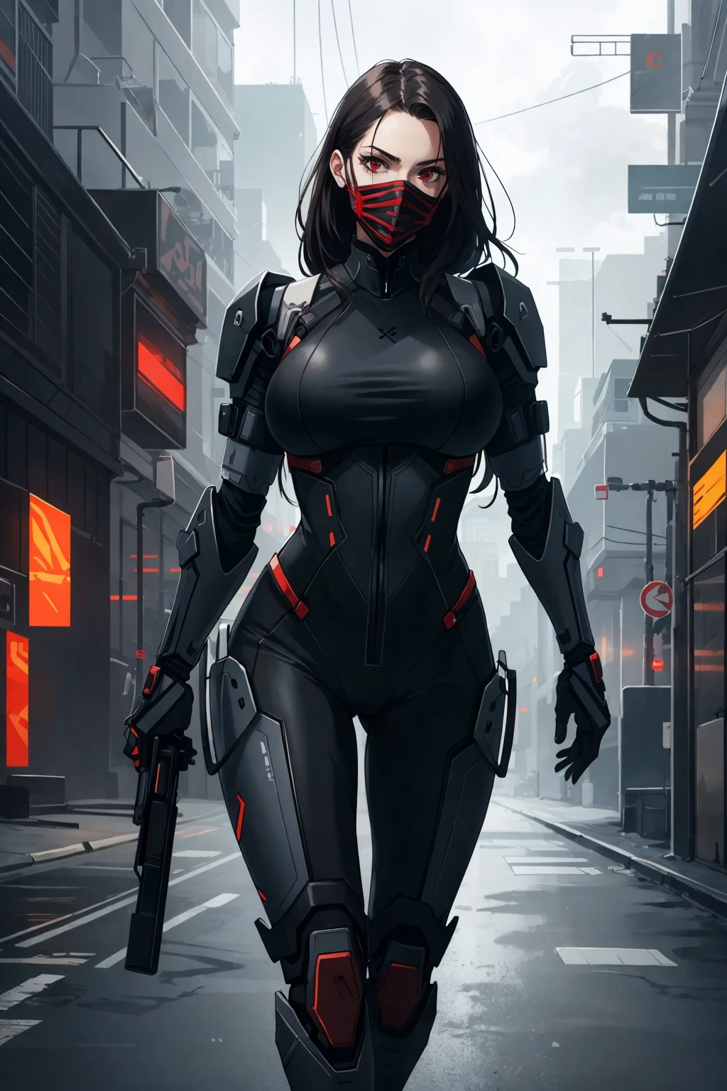 inkpunk redshift style, An assassin Bionic Woman , stunning face ,face mask , realistic red eyes, sexy Body, Big breasts, walking through science fiction city. Dark science fiction hyperrealistic ominous 8k 18+ beautiful epic High resolution