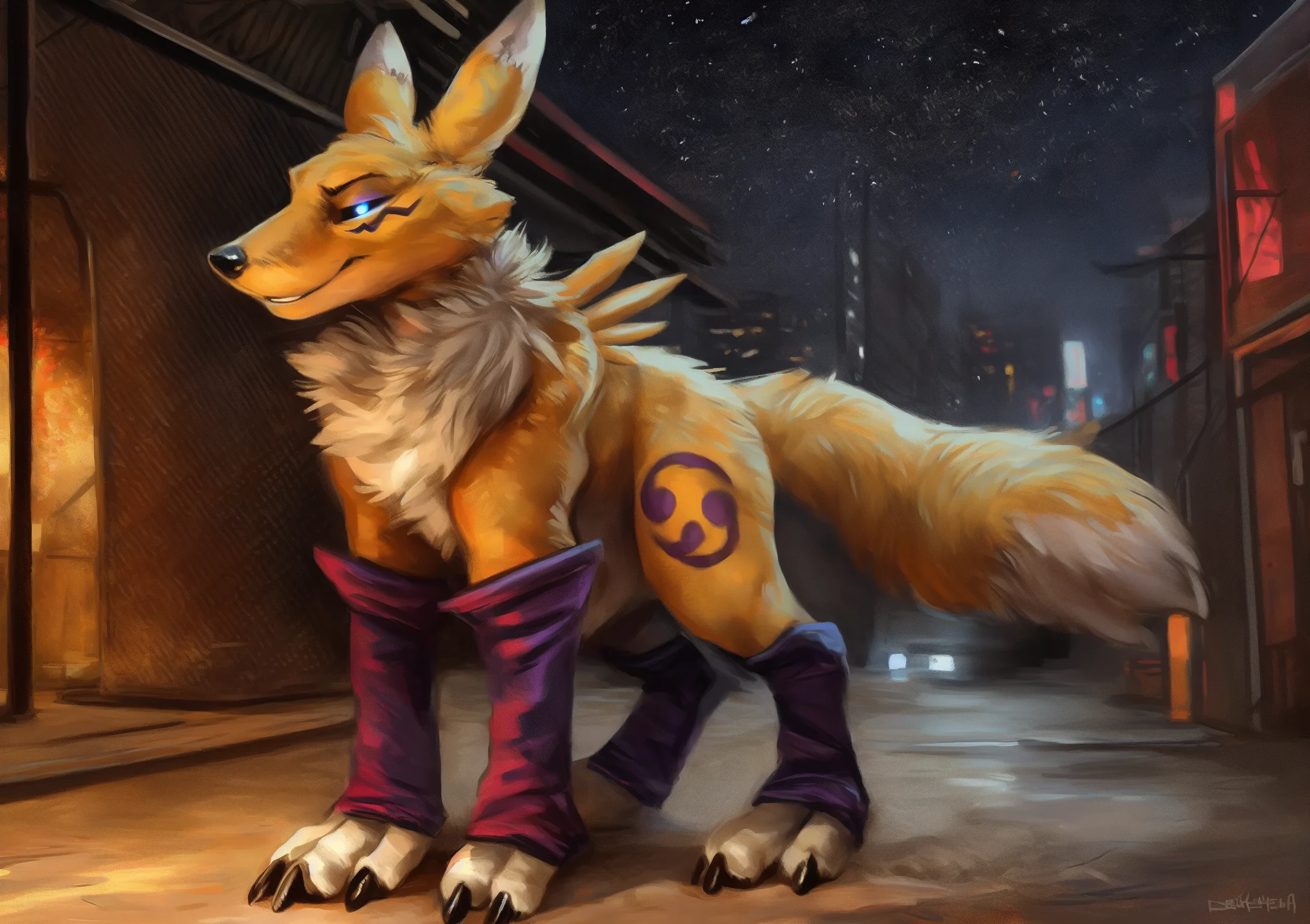 solo, male, (feral, quadruped:1.2), (renamon, digimon \(species\), purple markings), (purple legwear, :1.2), canid, glowing eyes, 
fur, tuft, neck tuft, chest tuft, fluffy, fluffy ears, inner ear fluff, fluffy tail, hindpaw,
smirk, bedroom eyes, standing,
detailed background, outside, cyberpunk city streets, (shadow, backlighting, starry sky),
by virtyalfobo, by kenket, by darkgem, (by furball),
fur, tuft, neck tuft, chest tuft, fluffy, fluffy ears, inner ear fluff, fluffy tail, hindpaw,
smirk, bedroom eyes, standing,
detailed background, outside, cyberpunk city streets, (shadow, backlighting, starry sky),
by virtyalfobo, by kenket, by darkgem, (by furball),