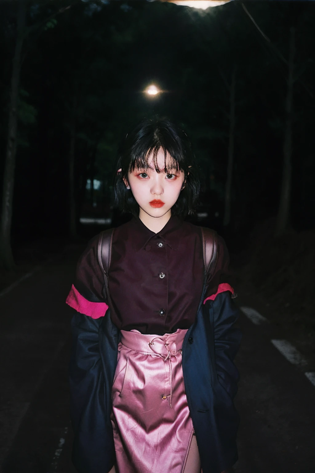 90s flash photo, empty road, beautiful girl, sin front of camera, best quality, masterpiece, raw photo, film photo, <lora:Renhang_20230622161247:0.85>, Renhang, <lora:epiNoiseoffset_v2:1.5>,