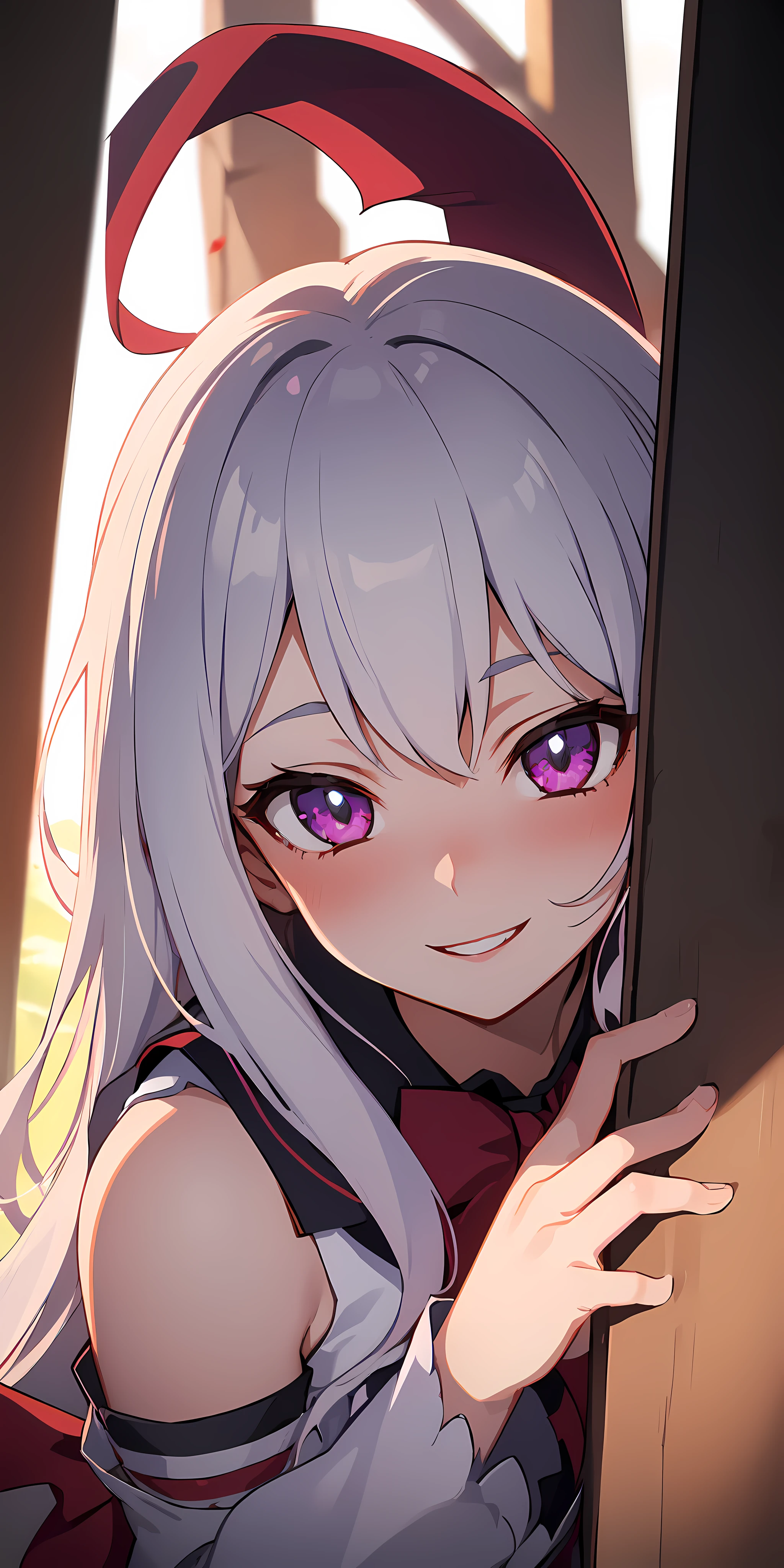 1girl, (yandere:1.4), (yandere trance:1.4), crazy, blood on face, backlighting, looking at viewer, white hair, purple eyes, blush, smile, yandere simulator, glowing eyes, evil smile, (shaded face:1.2),