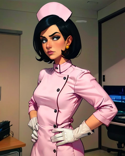 Girlfriend, black short hair, earrings, standing, hands on hip, upper body, bored expression,
GirNur, short white gloves , very small nurse cap, nurse, white boots, evil lair, desk job,
(insanely detailed, beautiful detailed face, masterpiece, best quality) <lora:Girlfriend-12:0.7>