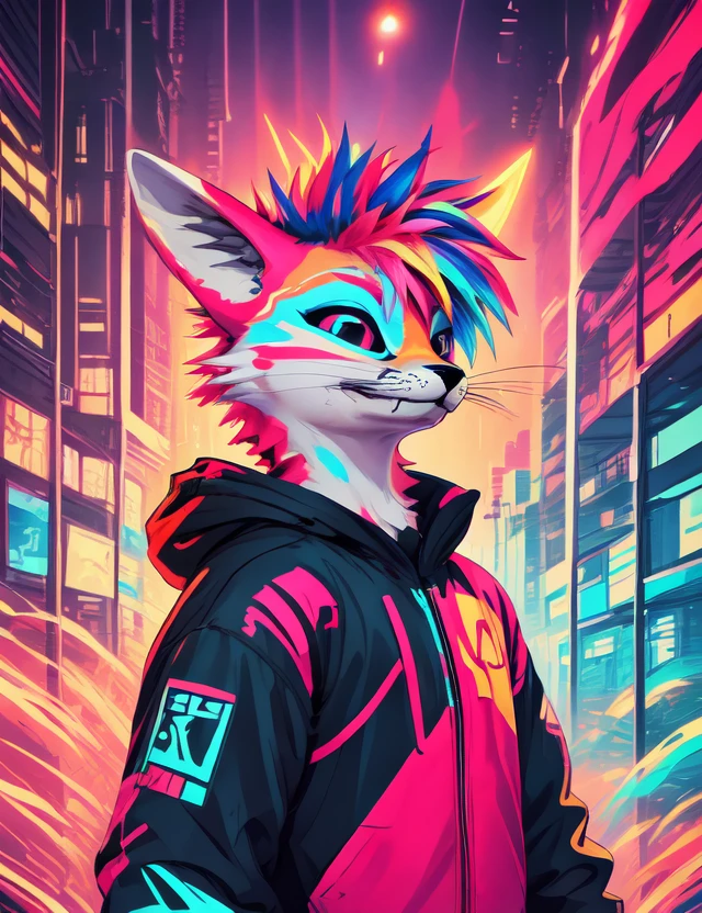 (rexouium:1.2), colorful scene, smiling, cute, dynamic scene, swaggy, drawing, abstract colorful background, close up portrait, spiky hairs, side view, vibrant colors, glowing patterns, large hoodie, cyberpunk city background, round,
<lora:vrcfurry_v3.2:0.75> <lora:lihui-v31-32-16-1e-4-re4-ep4-768:1>