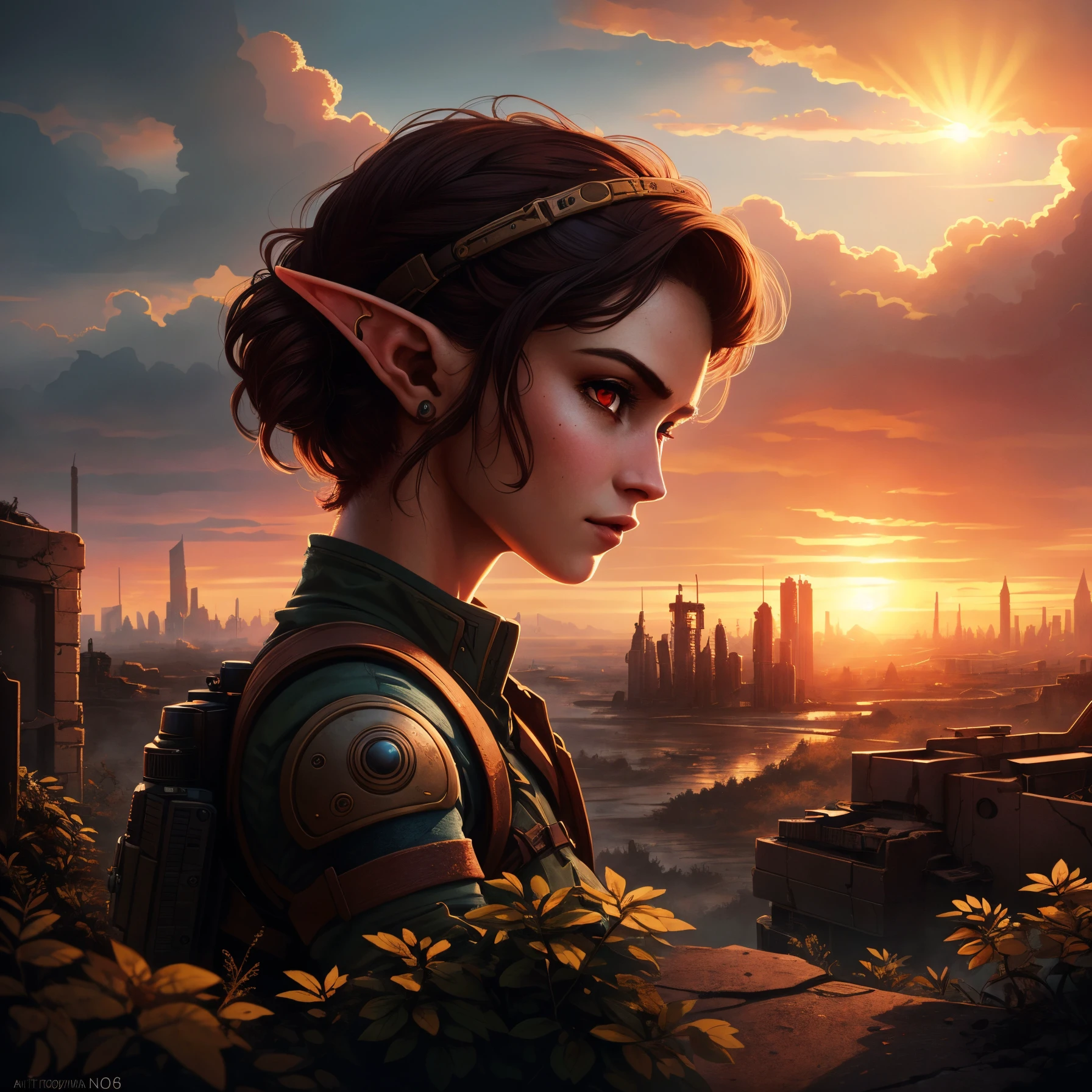An 18 year old elven woman postapocalyptic outfit, (epic post apocalyptic destroyes city overgrown ruins), detailed background, red eyes, close-up, amazing fine detail, RAW photo, Nikon D850 film stock photograph Kodak Portra 400 camera f1.6 lens, rich colors, lifelike texture, dramatic lighting, unreal engine, trending on ArtStation, cinestill 800 tungsten, ((new dawn on horizon))