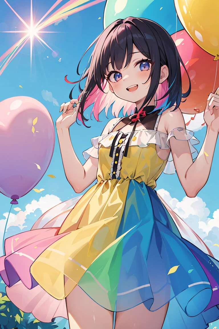 Highest quality,Highest Resolution,Mascot with balloons and parent and ,Rainbow background,