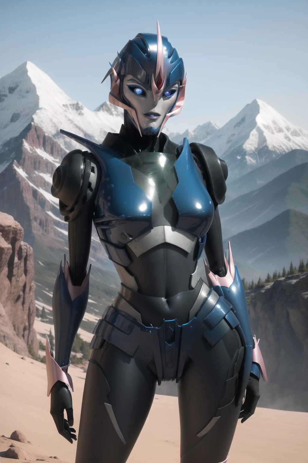 (masterpiece, best quality:1.2), <lora:arcee_(transformers_prime):1>, arcee (transformers prime), 1girl, mecha, solo, robot, breasts, blue eyes, autobot, no humans, blue lips, science fiction, glowing, cowboy shot, standing, mountain peak, adventure,