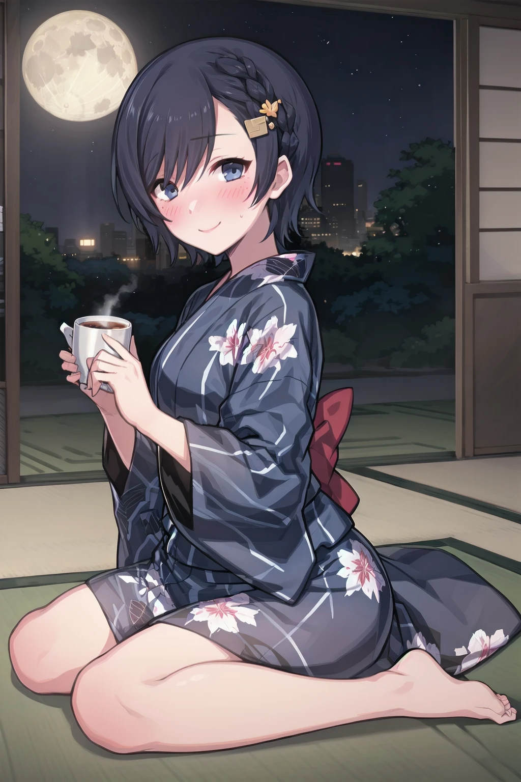 wariza, drunk, smile, full-face blush, holding choko \(cup\), tatami, night, moon, fullbody,
cattleya, 1girl, yukata, blue yukata, print yukata, long sleeves, wide sleeves, hair ornament, barefoot
<lyco:gomaotsu-cattleya-t1-000050:0.7>